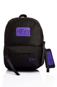 B.Y. Trend Laptop Bölmeli Okul Çantası Hey!!! Siyah Mor 1525 - 1