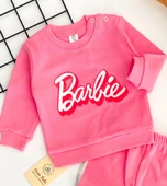 Neşeli Bebekler Barbie Baskılı Desen Parlak Gri Çizgili İki İplik Penye Kumaş Takım Pembe - 2