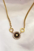Trade Bazaar Gold Renk Medusa Model Çelik Zirkon Taşlı Madalyon Kolye - 3