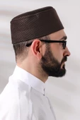Kahverengi Petek Kareli Kadife Kalıp Namaz Takkesi - 4