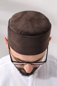 Kahverengi Petek Kareli Kadife Kalıp Namaz Takkesi - 6