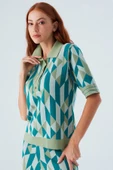 Peraluna LENA BLOUSE %100 Pamuk Geometrik Retro Desenli Kadın Triko Bluz - Multi Yeşil - 7