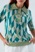 Peraluna LENA BLOUSE %100 Pamuk Geometrik Retro Desenli Kadın Triko Bluz - Multi Yeşil - 5
