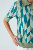 Peraluna LENA BLOUSE %100 Pamuk Geometrik Retro Desenli Kadın Triko Bluz - Multi Yeşil - 4