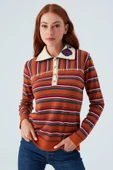 Peraluna HARPER BLOUSE Çizgili Nakışlı İnce Kadın Triko Bluz - Turuncu - 2