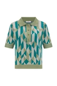 Peraluna LENA BLOUSE %100 Pamuk Geometrik Retro Desenli Kadın Triko Bluz - Multi Yeşil - 9