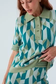 Peraluna LENA BLOUSE %100 Pamuk Geometrik Retro Desenli Kadın Triko Bluz - Multi Yeşil - 3