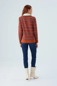 Peraluna HARPER BLOUSE Çizgili Nakışlı İnce Kadın Triko Bluz - Turuncu - 6