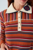 Peraluna HARPER BLOUSE Çizgili Nakışlı İnce Kadın Triko Bluz - Turuncu - 3