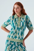 Peraluna LENA BLOUSE %100 Pamuk Geometrik Retro Desenli Kadın Triko Bluz - Multi Yeşil - 2