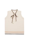 Peraluna JANETTE BLOUSE Çizgi Detaylı Fiyonklu Kolsuz Kadın Triko Bluz - Bej - 5