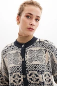 Peraluna FLORA JACKET Bisiklet Yaka Jakarlı Koton Karışım Kadın Triko Ceket - Şampanya - 4