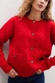 Peraluna ALBA JACKET Baklava Desen Bisiklet Yaka Rahat Kesim Kadın Triko Ceket - Kırmızı - 3
