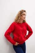 Peraluna ALBA JACKET Baklava Desen Bisiklet Yaka Rahat Kesim Kadın Triko Ceket - Kırmızı - 5