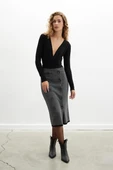 Styleboom X Peraluna CHESHIRE SKIRT Balıksırtı Desen Midi Boy Kadın Triko Etek - Siyah - 2