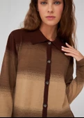 Peraluna Renk Geçişli Polo Yaka Kadın Triko Hırka - Kahve/Camel Melanj - 8