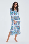 Peraluna RIA CAFTAN Çini Desenli 123 CM Derin Yırtmaçlı Saten Kadın Kaftan - Çok Renkli - 6