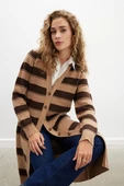 Peraluna BEATRICE LONG CARDIGAN Çizgili V Yaka Uzun Kadın Triko Hırka - Camel - 3