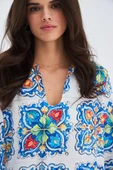 Peraluna RIA CAFTAN Çini Desenli 123 CM Derin Yırtmaçlı Saten Kadın Kaftan - Çok Renkli - 3