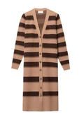 Peraluna BEATRICE LONG CARDIGAN Çizgili V Yaka Uzun Kadın Triko Hırka - Camel - 6