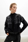 Peraluna AISLING CARDIGAN Bisiklet Yaka Yün Karışım Etnik Motif Kadın Triko Hırka - Siyah - 2