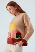 Peraluna SUNNY PULLOVER El İşlemeli Desenli Kadın Triko Kazak - Bej/Kahve - 6