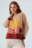 Peraluna SUNNY PULLOVER El İşlemeli Desenli Kadın Triko Kazak - Bej/Kahve - 2