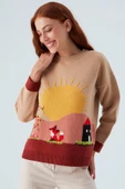 Peraluna SUNNY PULLOVER El İşlemeli Desenli Kadın Triko Kazak - Bej/Kahve - 5
