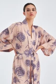 Peraluna ROSA KIMONO Gül Desenli Diz Hizası 90 CM Saten Kadın Kimono - Koyu Pudra/Mor - 4