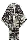 Peraluna HANITA Geometrik Desenli 120 CM Saten Yazlık Kadın Kimono - Siyah/Ekru - 9