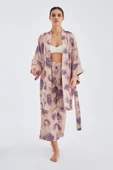 Peraluna ROSA KIMONO Gül Desenli Diz Hizası 90 CM Saten Kadın Kimono - Koyu Pudra/Mor - 5