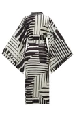 Peraluna HANITA Geometrik Desenli 120 CM Saten Yazlık Kadın Kimono - Siyah/Ekru - 10