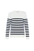 Styleboom X Peraluna BARDOT PULLOVER Omzu Düğmeli Çizgili Organik Pamuk Mevsimlik Kadın Triko Kazak - Ekru/Lacivert - 8