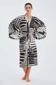 Peraluna HANITA Geometrik Desenli 120 CM Saten Yazlık Kadın Kimono - Siyah/Ekru - 4