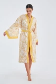 Peraluna SİTARA KIMONO Desenli 120 CM Saten Yazlık Kadın Kimono - Hardal/Ekru - 4