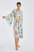 Peraluna INAYA KIMONO Desenli 120 CM Saten Yazlık Kadın Kimono - Mavi/Sarı - 6