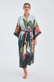 Peraluna KAURİ Tropik Desenli Bilek Hizası Saten Kadın Kimono - Çok Renkli - 1