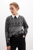 Peraluna CAITLIN PULLOVER Bisiklet Yaka Etnik Motif Yün Karışım Kadın Triko Kazak - Antrasit Melanj - 3