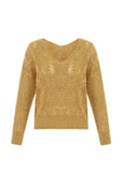 Peraluna SCARLET PULLOVER Yaprak Desenli V Yaka Simli Uzun Kol Kadın Triko Kazak - Altın - 8