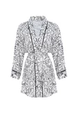 Peraluna FREESIA KIMONO 82 CM Çiçek Desen Mini Boy Kemerli Saten Kadın Kimono - Beyaz/Siyah - 9