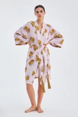 Peraluna CROWN Kral Tacı Desenli Diz Altı Saten Kadın Kimono - Açık Lila/Hardal - 7