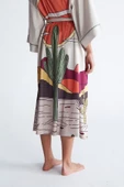 Peraluna CACTUS KİMONO 122 CM Kaktus Desen Midi Boy Kemerli Saten Kadın Kimono - Taş - 6
