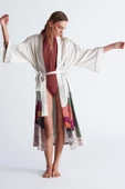 Peraluna CACTUS KİMONO 122 CM Kaktus Desen Midi Boy Kemerli Saten Kadın Kimono - Taş - 1