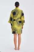Peraluna AURA Geometrik Desenli Diz Hizası Saten Kadın Kimono - Sarı/Mavi - 8