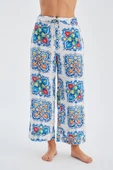 Peraluna RİA TROUSER Çini Desenli Bol Kesim Yazlık Saten Kadın Pantolon - Çok Renkli - 4
