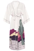 Peraluna CACTUS KİMONO 122 CM Kaktus Desen Midi Boy Kemerli Saten Kadın Kimono - Taş - 8