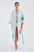Peraluna LOTUS Balık Aplikeli Keten Karışımlı Diz Altı Kadın Kimono - Beyaz - 6