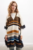 Peraluna MELODY PONCHO Çizgili Yün Karışım Diz Boy Püsküllü Kadın Triko Panço - Multi thumbnail 1