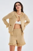 Peraluna MIYOKİ CARDIGAN & SHORTS Mevsimlik Pamuklu Kadın Triko Takım Şort - Bej - 2