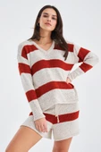 Peraluna SIENA BLOUSE & SHORTS Çizgili Uzun Kollu Kadın Triko Şort Takım - Kremit/Taş - 2